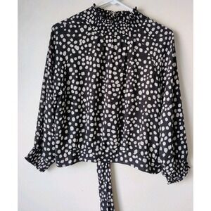 DR2 Women's Elastic Neckline Polka Dot Long Sleeve Blouse Back Tie Size Large
